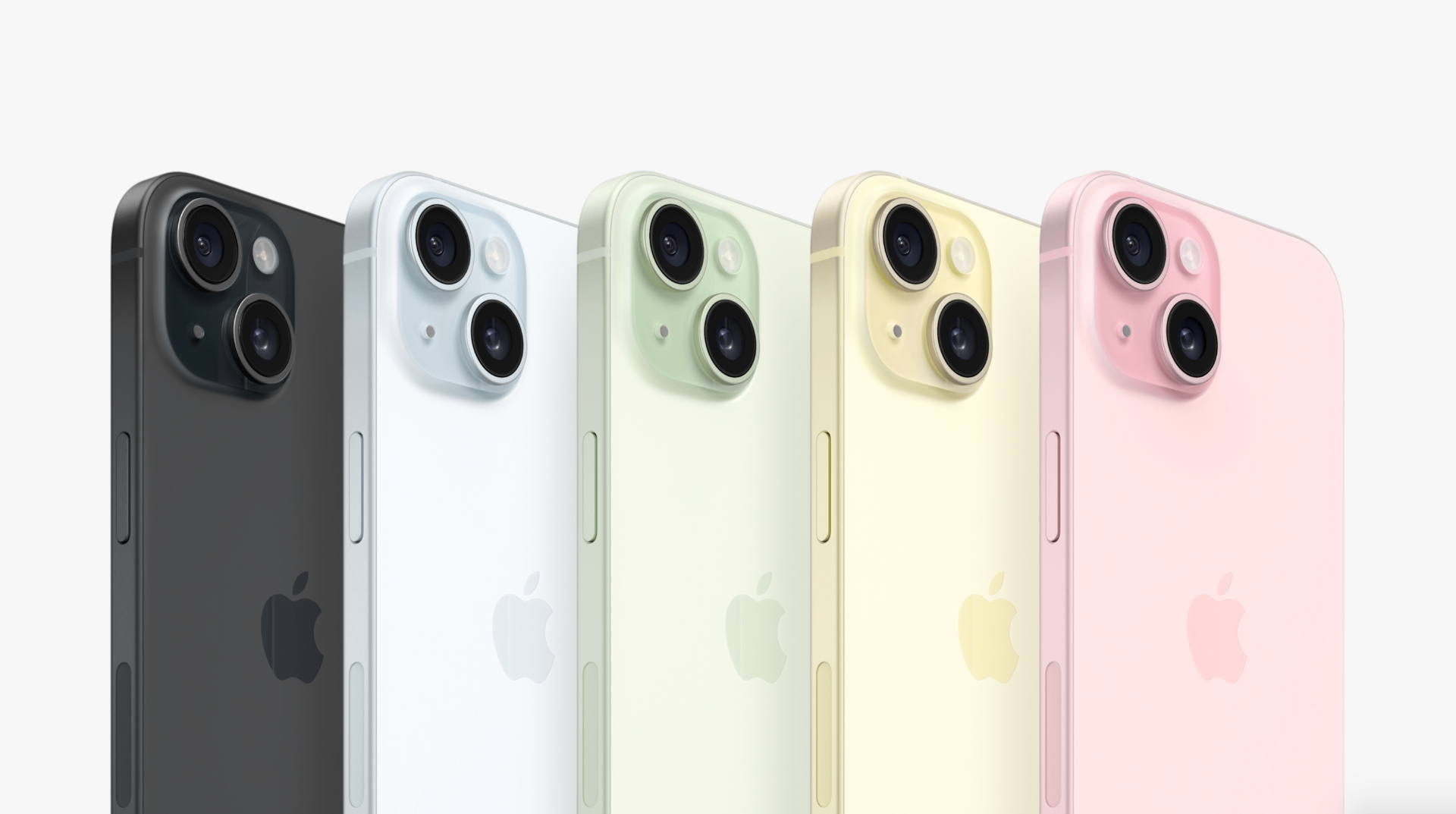 iPhone lineup in various colors including black, white, green, yellow, and pink