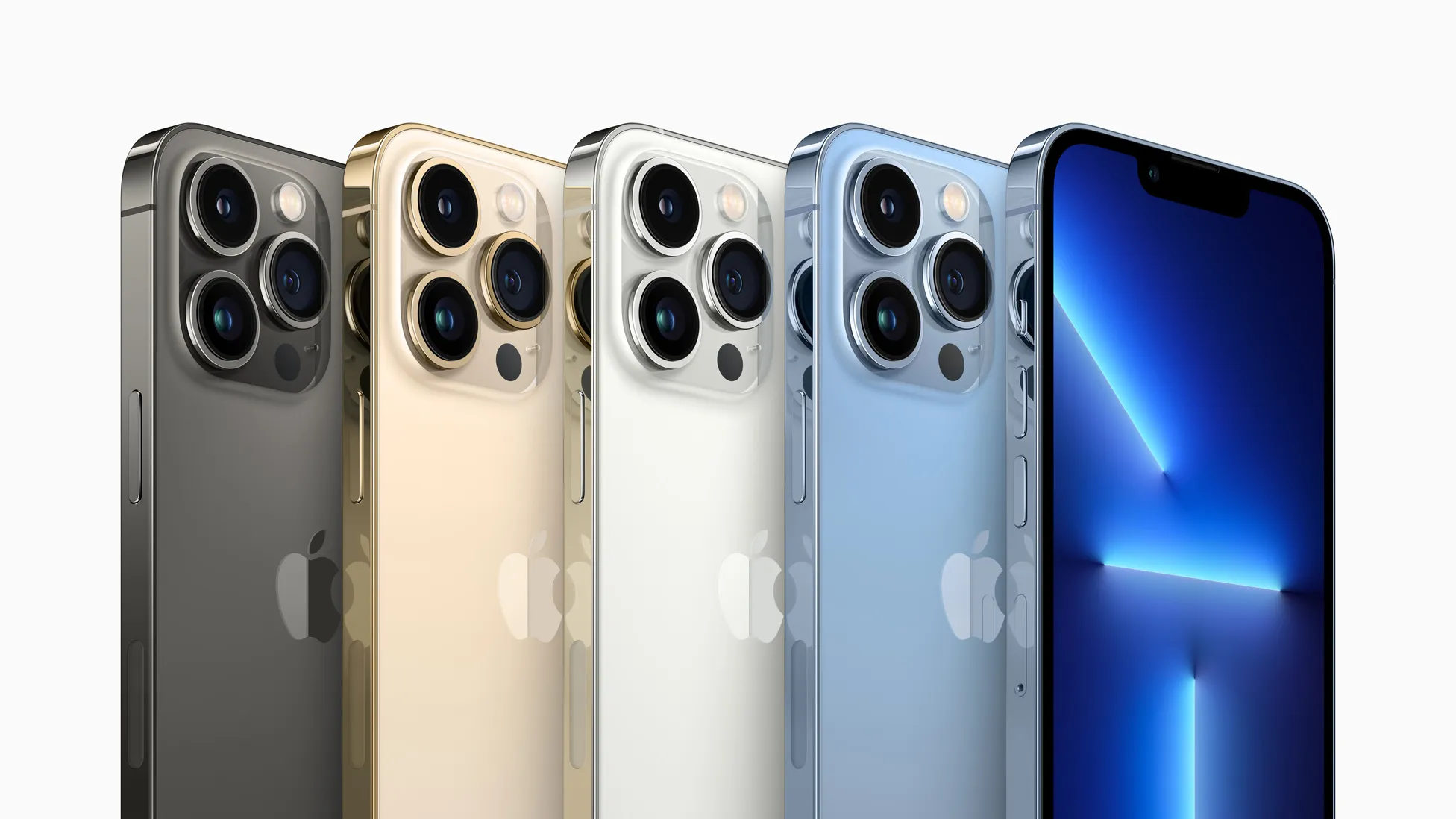 iPhone Pro lineup in Space Black, Gold, Silver, and Sierra Blue with prominent camera system