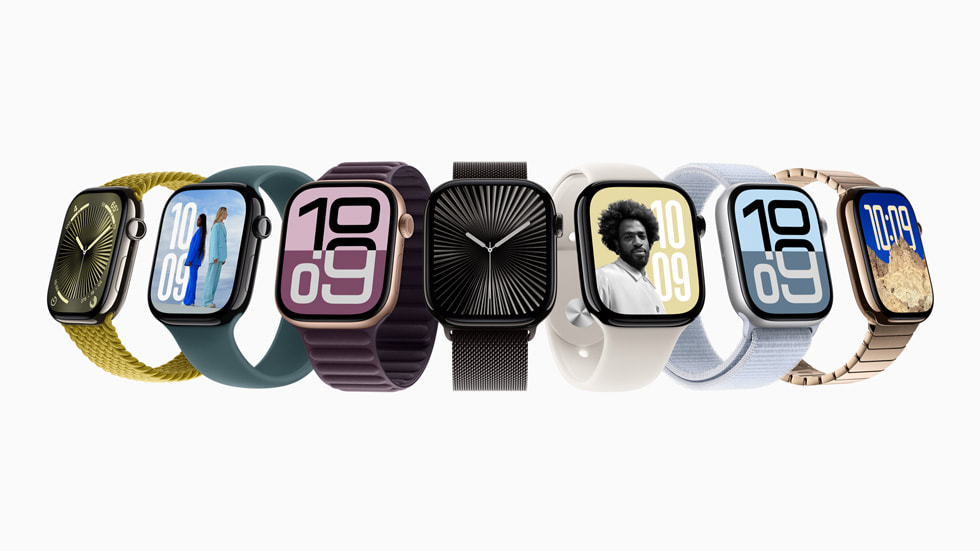 Apple Watch Series lineup with various bands and watch faces